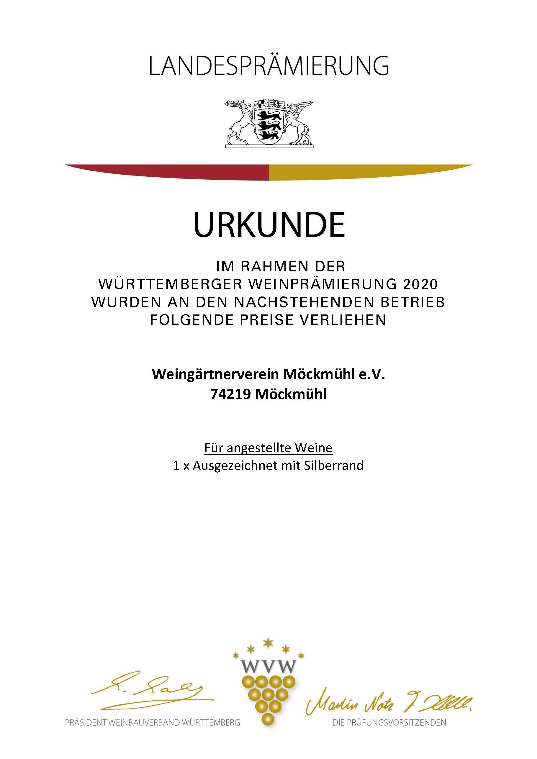 Württemberger Weinprämierung 2020 – Silberrand